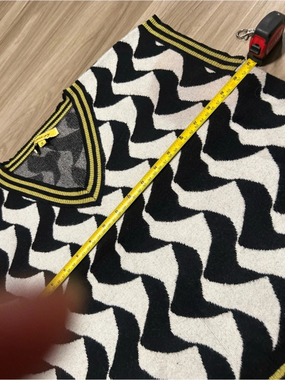 Men's Black & White Wave V-Neck Sweater Vest with Yellow Trim